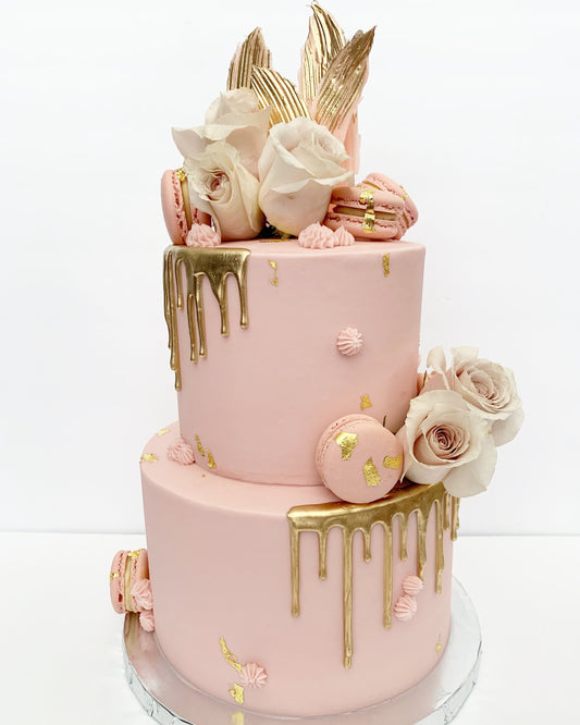 Gold Drip With Coordinating Fresh Florals and Macs Cake