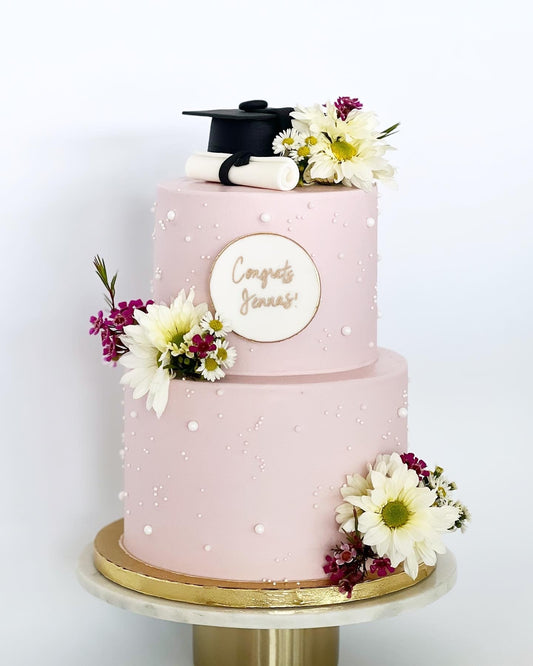 White Pearls and Fresh Flowers Graduation Cake