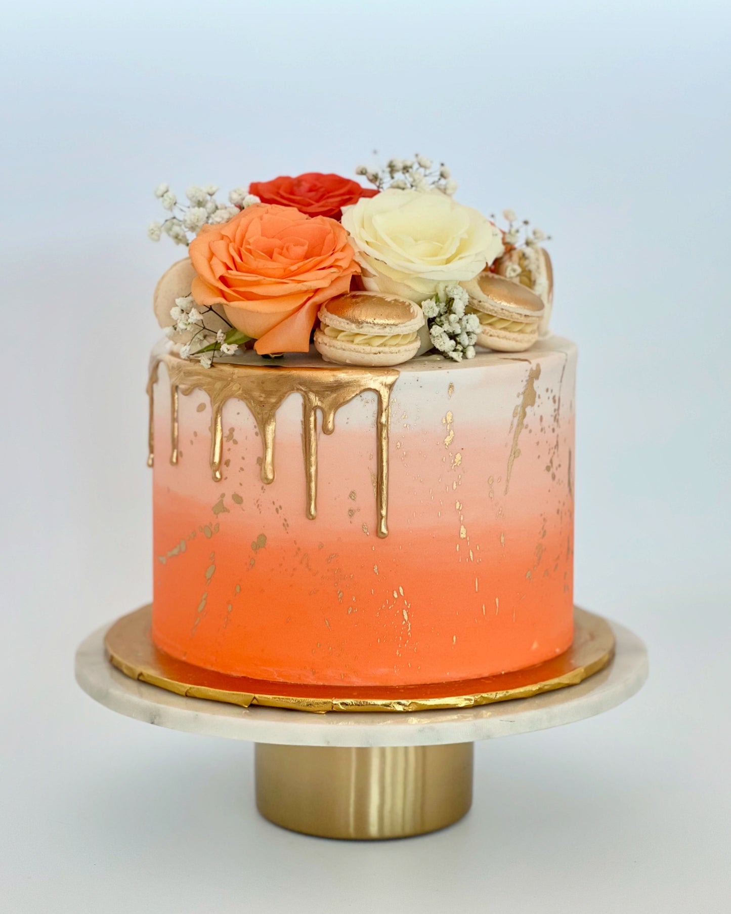 Ombre With Gold Drip and Fresh Florals Cake