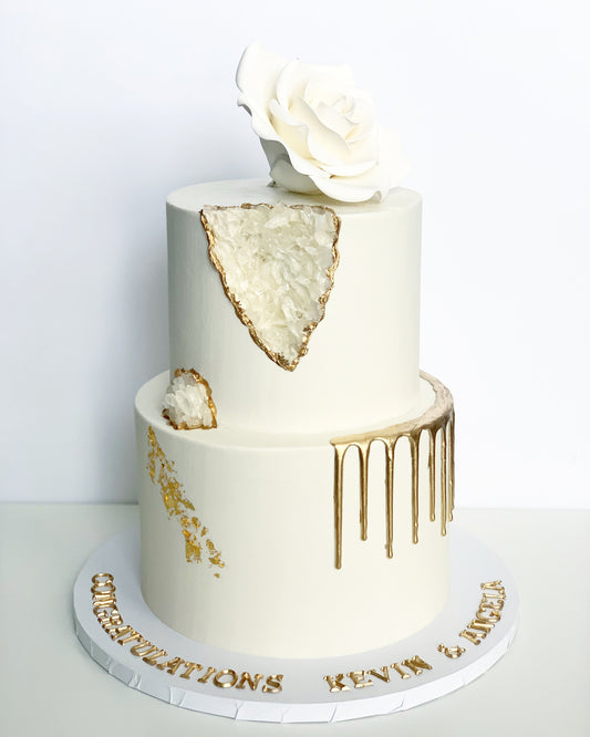 White With Geode, Gold Drip, and Sugar Flower Cake