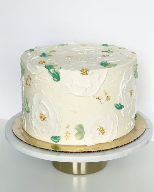 White and Gold Painted Florals Cake