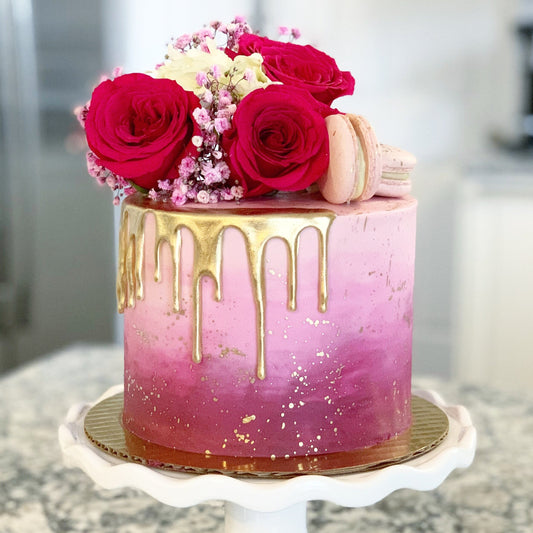 Ombre With Gold Drip and Fresh Florals Cake