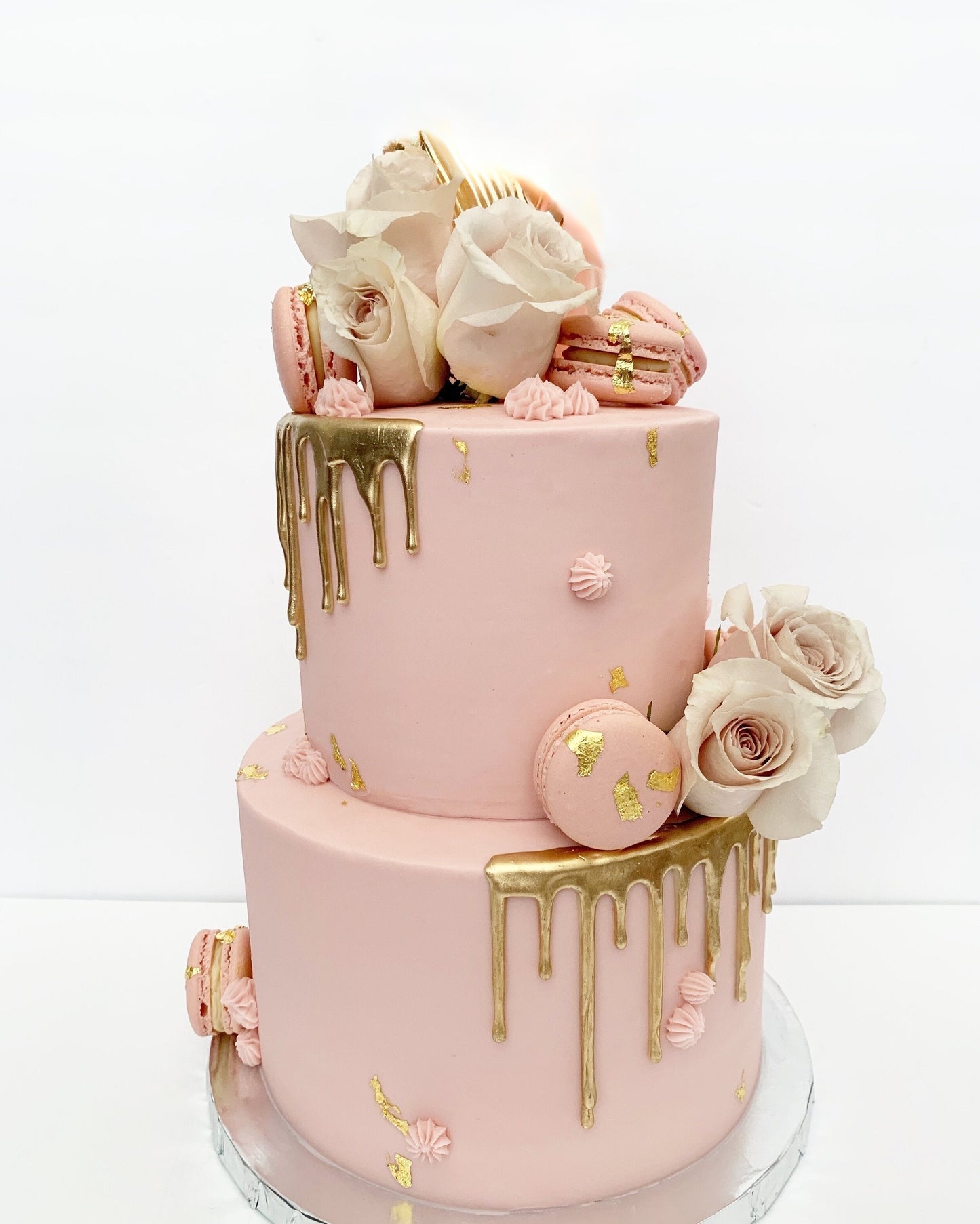 Gold Drip With Coordinating Fresh Florals and Macs Cake